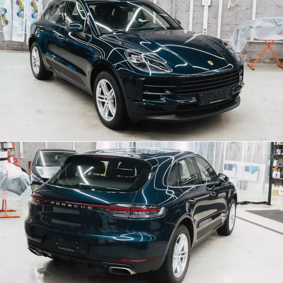 Оклеили Porsche Macan ярко-салатовым винилом и забронировали матовым полиуретаном, окрасили диски в черный глянец, установили ремни безопасности в цвет пленки (напечатали цвет!)
